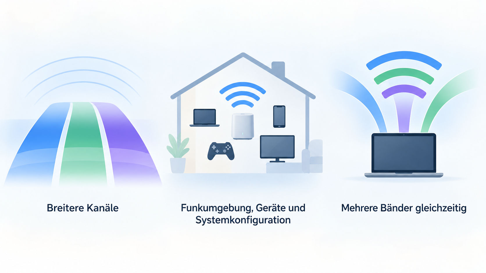 Eine zweiteilige Editorial-Grafik zu den zwei genannten Wi-Fi-7-Merkmalen: breitere Kanäle und MLO.