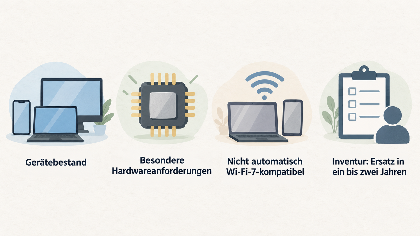 Eine nummerierte Vier-Punkte-Checkliste zu Gerätebestand, Infrastruktur, Backhaul und dem genannten Abgleich mit einem günstigeren System.