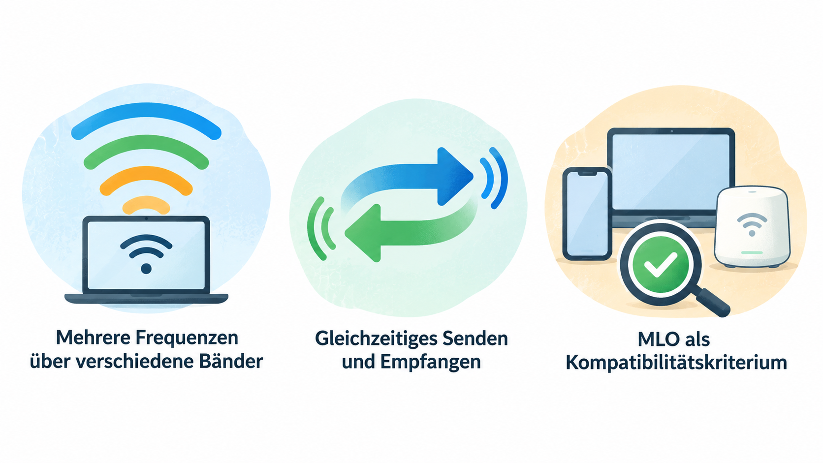 Eine nummerierte Checkliste mit den drei im Abschnitt genannten Prüfpunkten: „MLO-Unterstützung des Clients“, „MLO-Unterstützung des Mesh-Systems“ und „Verfügbare Funktionen zwischen den Knoten“.