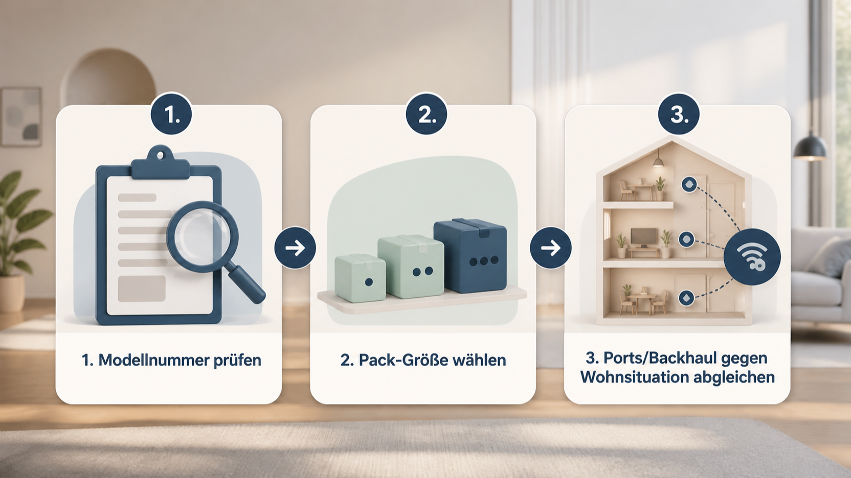 Redaktionelle Illustration zu Echte Wi-Fi-7-Mesh-Angebote erkennen: Modell, Pack-Größe, Ports, Abos und Garantie prüfen